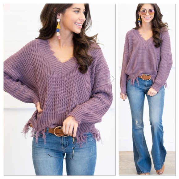 Lavender Moon Sweaters - Lavender Frayed V Neck Sweater